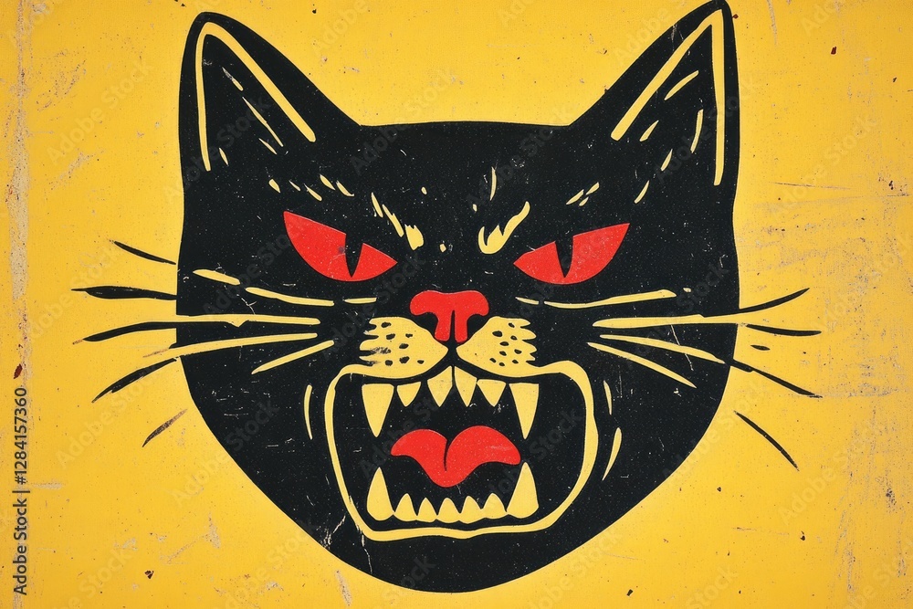 Fototapeta A stylized black cat head with fangs and red eyes stares