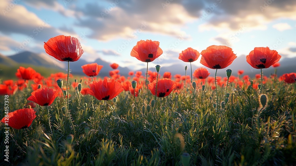 Obraz premium Vibrant poppy field blooms mountain range nature photography sunny day wide-angle view natural beauty
