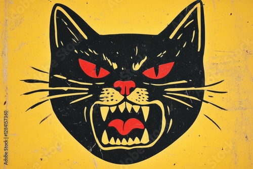 A stylized black cat head with fangs and red eyes stares