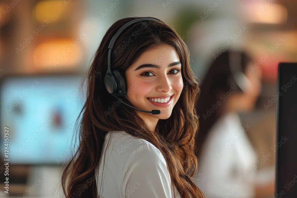 Smiling female customer service representative wearing a headset in a busy office Smiling female customer service representative wearing a headset in a busy office