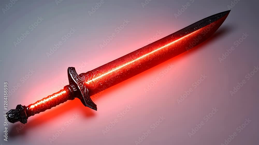 A striking fantasy sword with glowing red edges, displayed on a minimalistic surface, evoking power A striking fantasy sword with glowing red edges, displayed on a minimalistic surface, evoking power