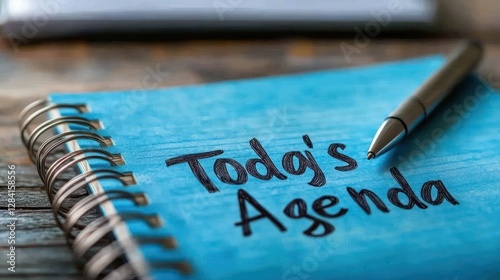 Today's agenda written on notebook, office desk, planning