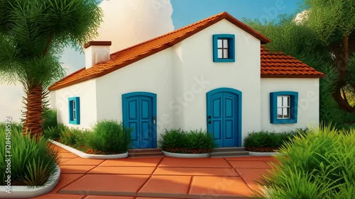 A white house with blue doors and a blue archway. The house has a blue roof. There are trees in the background