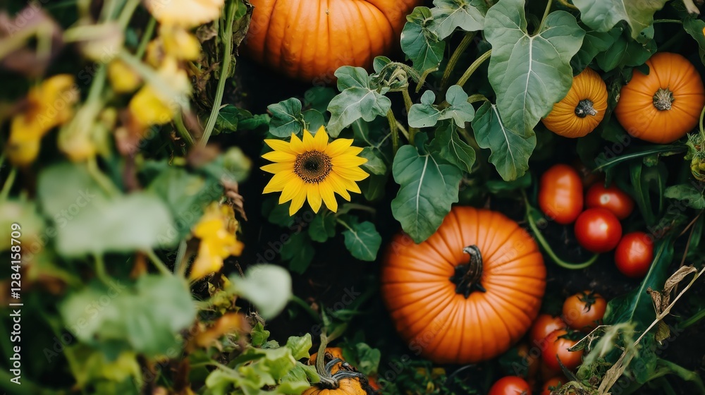 Pumpkins and sunflowers growing in a lush autumn garden Pumpkins and sunflowers growing in a lush autumn garden