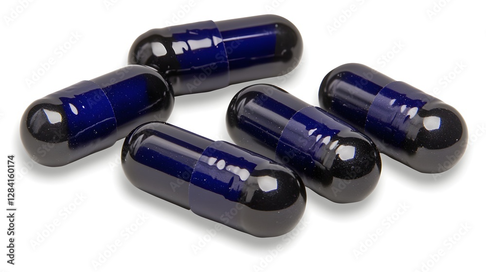 Scattered Group of Blue and Black Capsules on a White Background Medical Theme Scattered Group of Blue and Black Capsules on a White Background Medical Theme