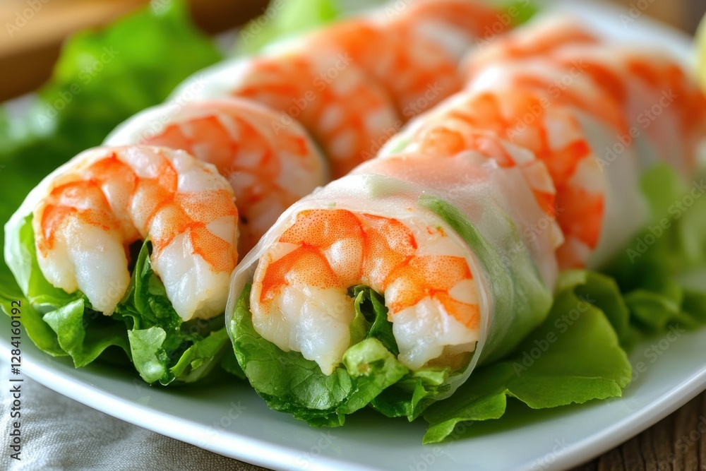 Shrimp Spring Roll. Crispy Homemade Asian Snack with Lettuce on Plate Shrimp Spring Roll. Crispy Homemade Asian Snack with Lettuce on Plate