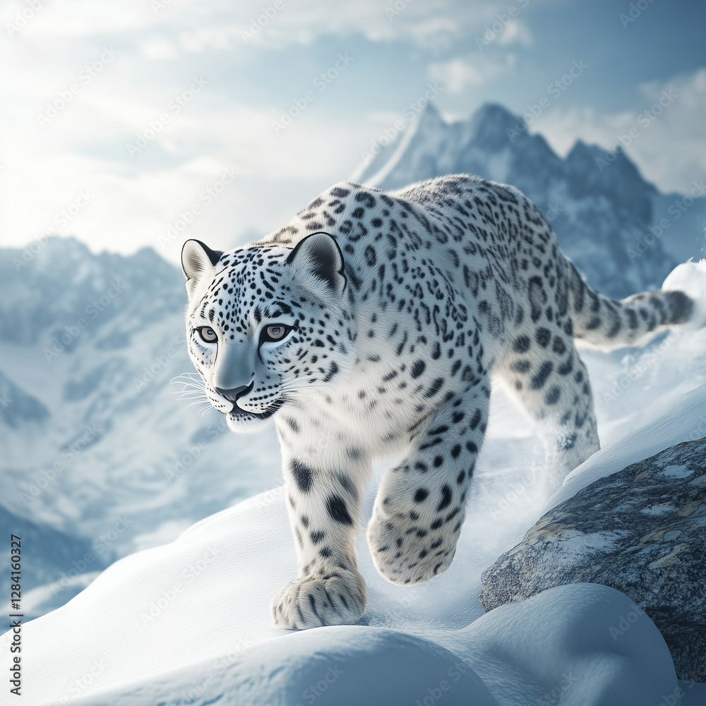 Obraz premium Snow Leopard in Winter Mountains. A majestic snow leopard walking through the snow in a mountainous winter landscape. Perfect for wildlife and nature themes.