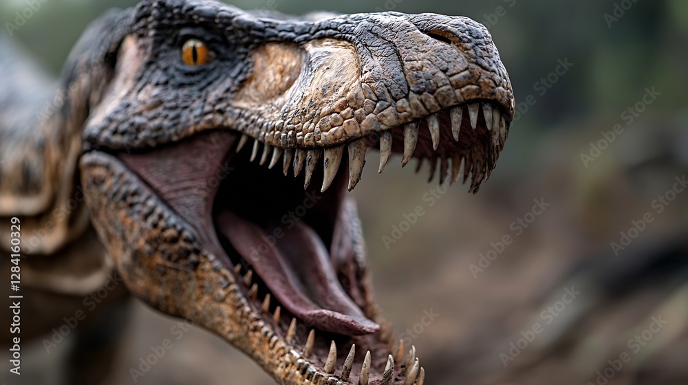 Fototapeta premium Ferocious Realistic TRex Dinosaur Displaying Sharp Teeth in a Dramatic Jungle Setting : Generative AI