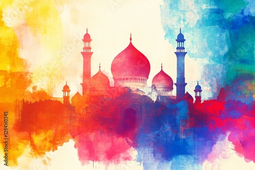 Vibrant Watercolor Painting of a Mosque in Colorful Hues