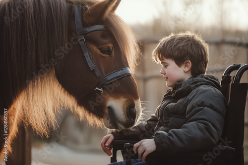 Boy in wheelchair bonding with horse during therapy session. Heartwarming image of young boy in wheelchair interacting with a gentle horse during an outdoor therapeutic session.