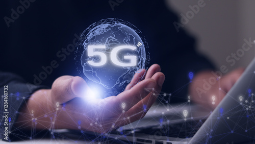 5G holographic network concept. Digital world with interconnected 5G symbols. 5G technology in modern business and communication. digital transformation