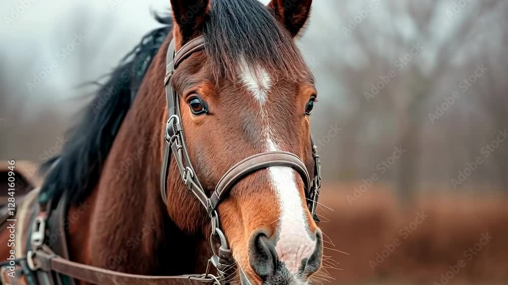 Majestic Brown Horse with Bridle Standing in a Bare Winter Landscape Majestic Brown Horse with Bridle Standing in a Bare Winter Landscape