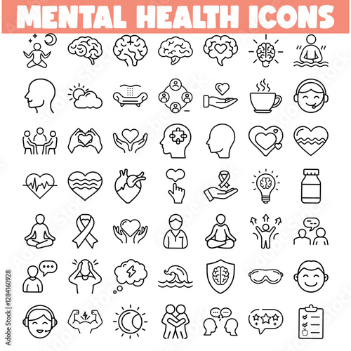 Mental Health Icons Wellness, Mindfulness, Support, and Therapy Symbols