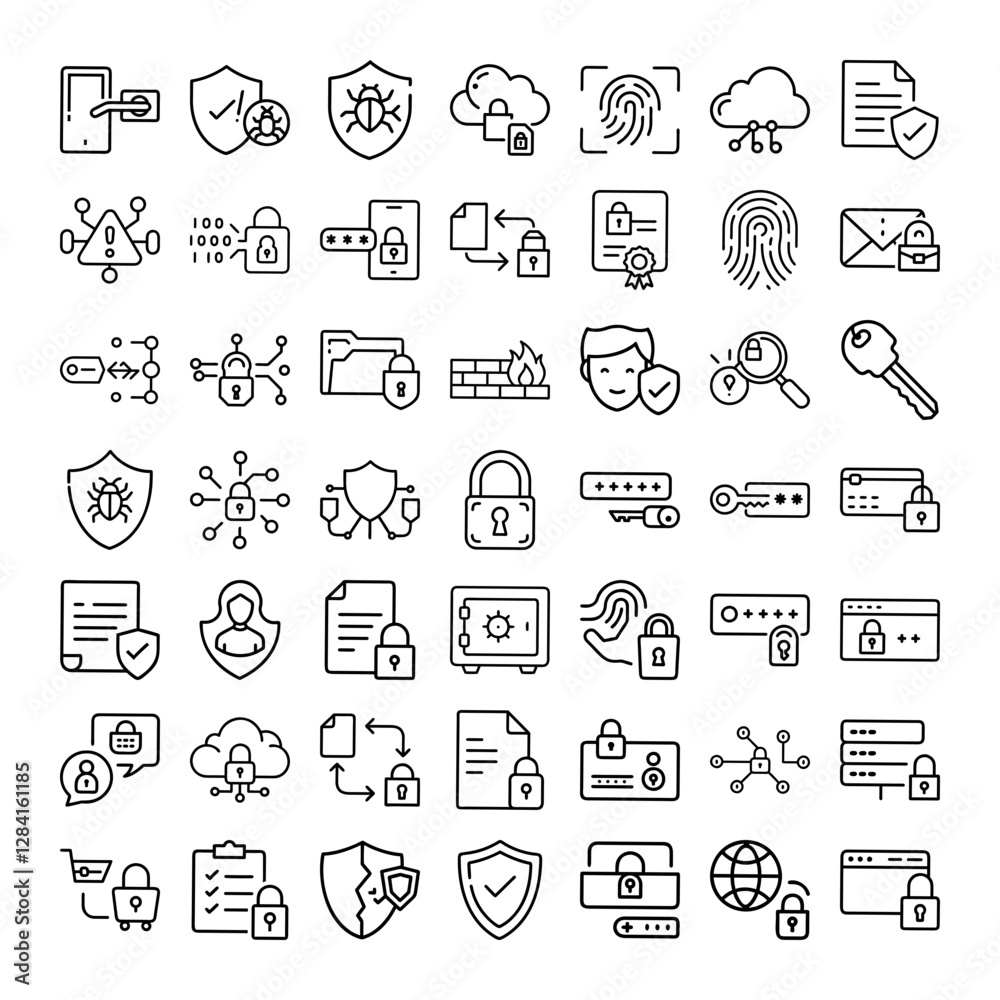 Naklejka premium Cybersecurity Icons Data Protection, Privacy, and Network Security