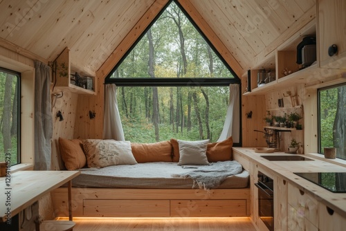 Cozy wooden cabin interior with a view of the tranquil forest landscape during autumn