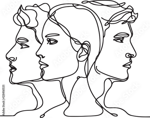 Elegant Line Drawing of Three Human Heads  Man and Woman