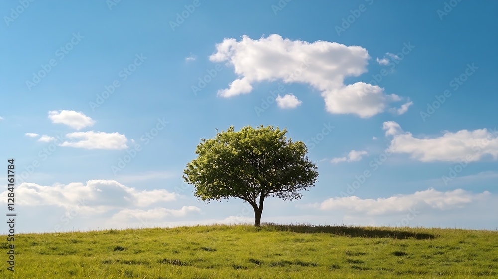 Lone tree standing tall on grassy hill under clear blue sky with fluffy white clouds showcasing nature's beauty : Generative AI Lone tree standing tall on grassy hill under clear blue sky with fluffy white clouds showcasing nature's beauty : Generative AI