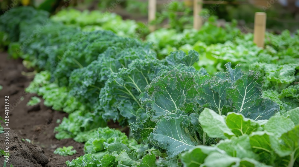 Rows of fresh leafy kale growing in a farm garden Rows of fresh leafy kale growing in a farm garden