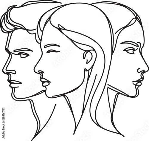 Elegant Line Drawing of Three Human Heads  Man and Woman