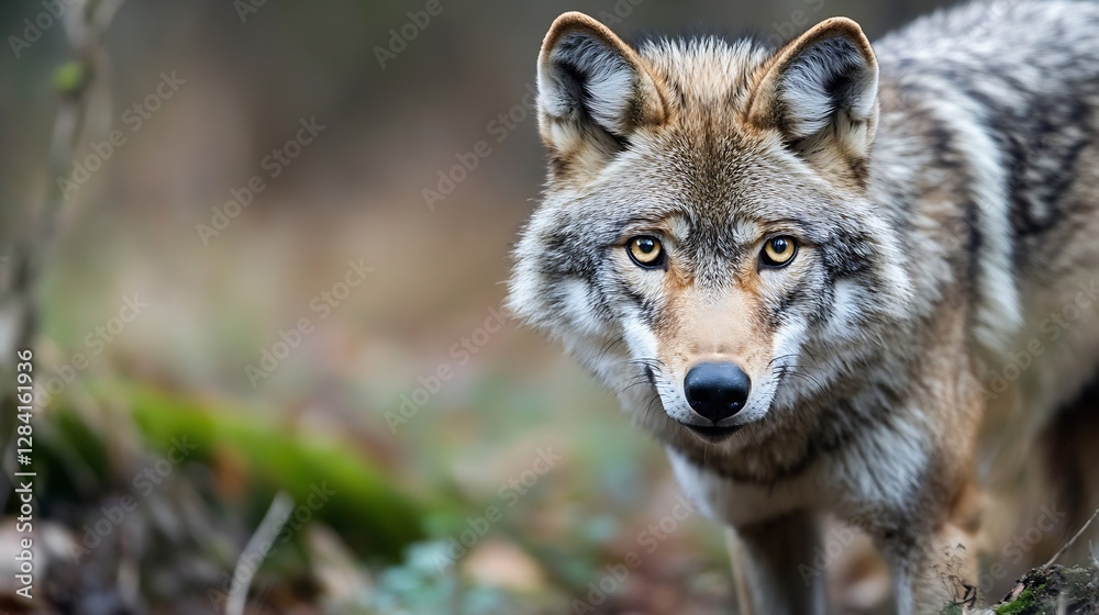 Closeup portrait of a wild wolf in a natural habitat showcasing intense eyes and a striking fur pattern : Generative AI Closeup portrait of a wild wolf in a natural habitat showcasing intense eyes and a striking fur pattern : Generative AI