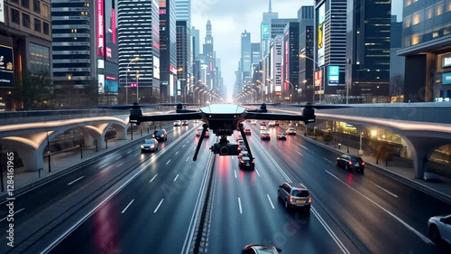 Drone Flight Over City Highway at Dusk