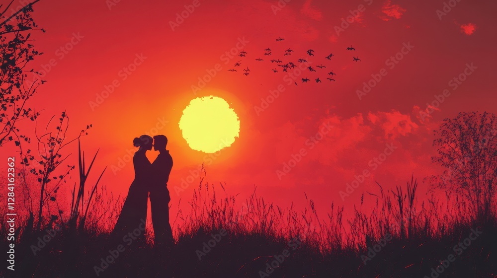 Silhouetted couple embracing at sunset with birds in vibrant red sky Silhouetted couple embracing at sunset with birds in vibrant red sky