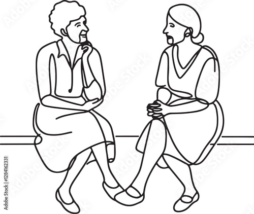 Charming Line Drawing of Two Elderly Women Talking