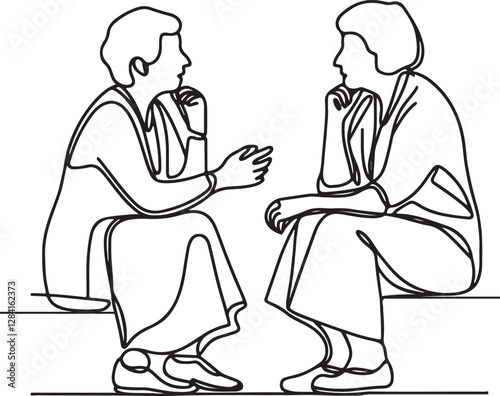Charming Line Drawing of Two Elderly Women Talking