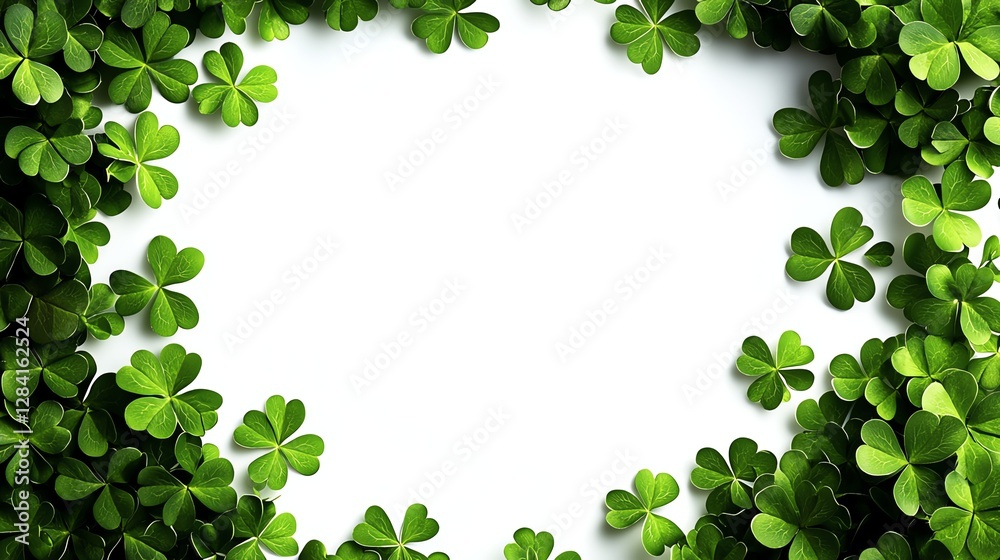 A vibrant display of green clovers framing a blank space, ideal for text placement or creative designs. A vibrant display of green clovers framing a blank space, ideal for text placement or creative designs.