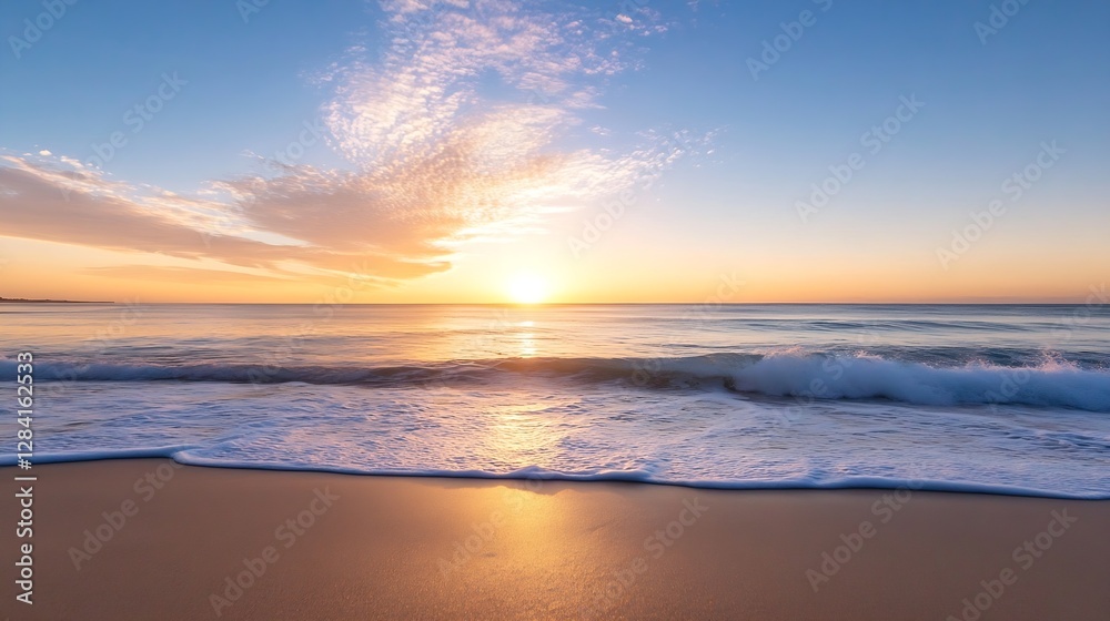 Fototapeta premium Scenic beach sunset with gentle waves and a vibrant sky filled with colors : Generative AI