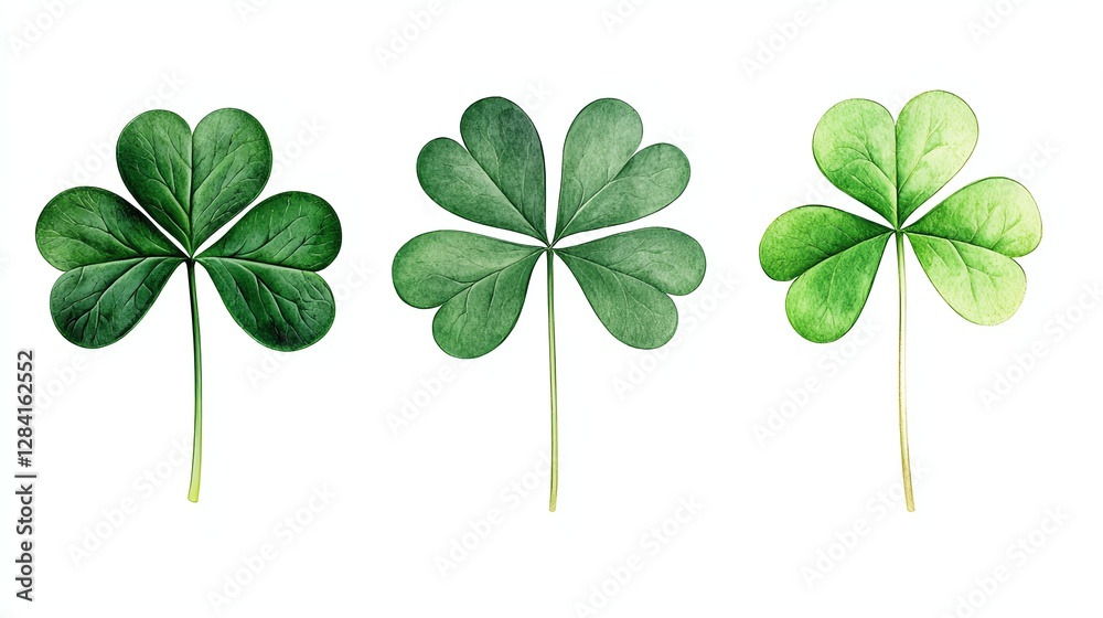 A collection of three green clover leaves showcasing various shades and shapes, perfect for nature and botanical themes. A collection of three green clover leaves showcasing various shades and shapes, perfect for nature and botanical themes.