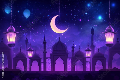 Night in a Muslim City with Crescent Moon and Lanterns