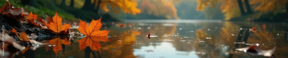Fototapeta premium Leafy aquatic elements on the surface of calm water, oak, autumn