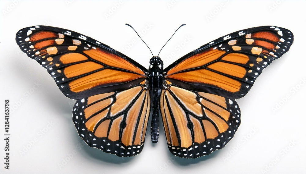 Fototapeta premium Monarch Butterfly: Vibrant monarch butterfly showcases its intricate wing patterns against a simple backdrop, offering a stunning display of nature's artistry.