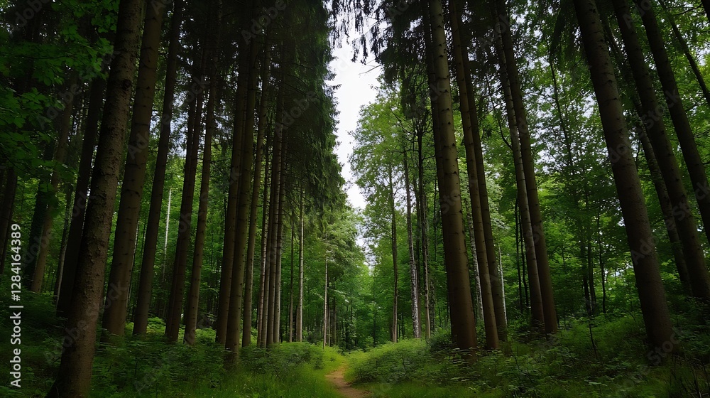 Fototapeta premium Tall majestic trees creating a tranquil path through a vibrant lush green forest in nature : Generative AI