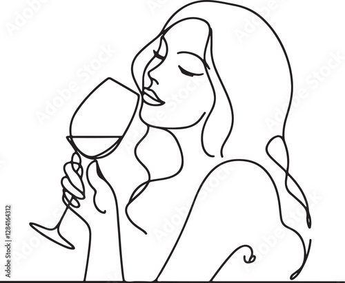 Elegant Line Drawing of Girl Drinking Wine