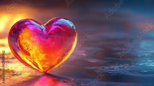 A vibrant glass heart rests on a colorful surface