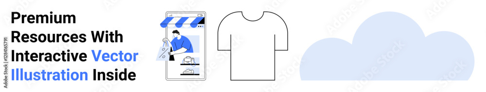 E-commerce storefront, t-shirt outline, and cloud graphic emphasizing online shopping, product customization, and digital storage. Ideal for e-commerce, cloud solutions, data, creativity-driven E-commerce storefront, t-shirt outline, and cloud graphic emphasizing online shopping, product customization, and digital storage. Ideal for e-commerce, cloud solutions, data, creativity-driven