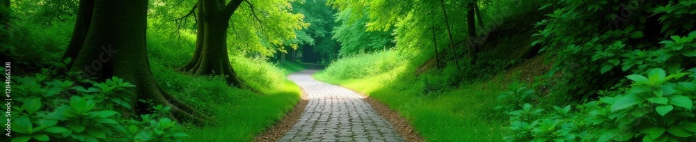 Obraz premium Lush greenery envelops winding cobblestone pathway, trees, forest, path
