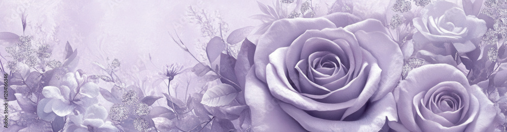 Obraz premium Elegant purple roses and flowers create serene floral background