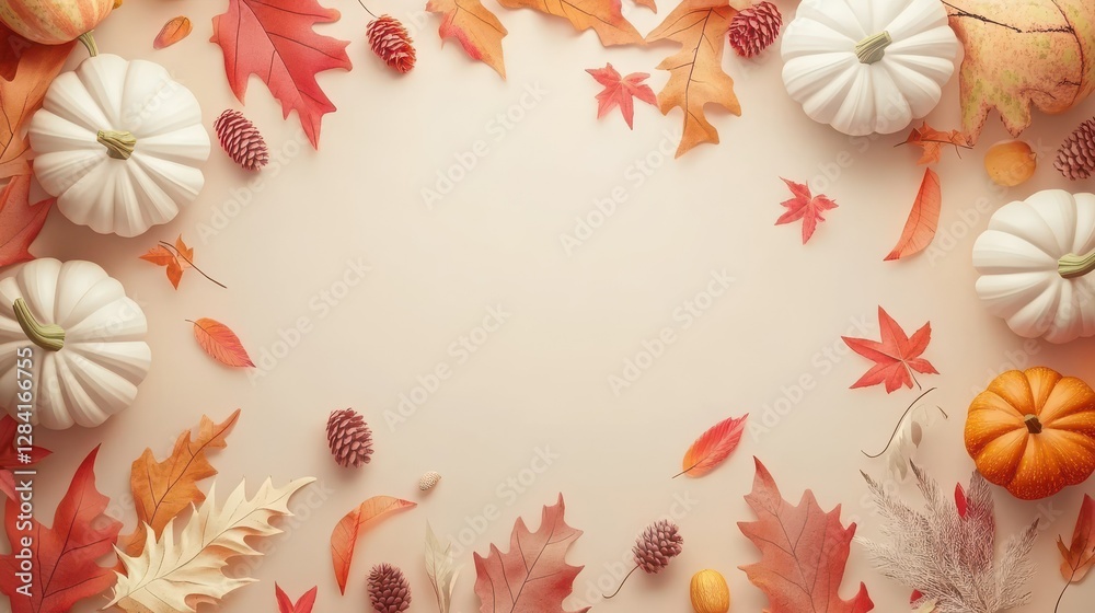 Autumn harvest: white pumpkins and colorful leaves on beige background Autumn harvest: white pumpkins and colorful leaves on beige background