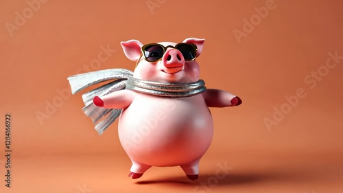 Pig wearing sunglasses and a stylish scarf on an orange background. A representation of financial savings, luxury, and prosperity in a fun and fashionable way