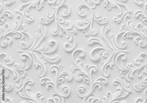 Classical White Damask Pattern with Elegant 3D Floral Relief Design