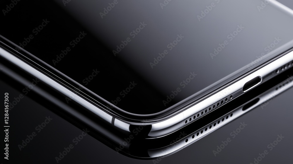 Close-up view of a sleek smartphone showcasing its design and reflective surface Close-up view of a sleek smartphone showcasing its design and reflective surface