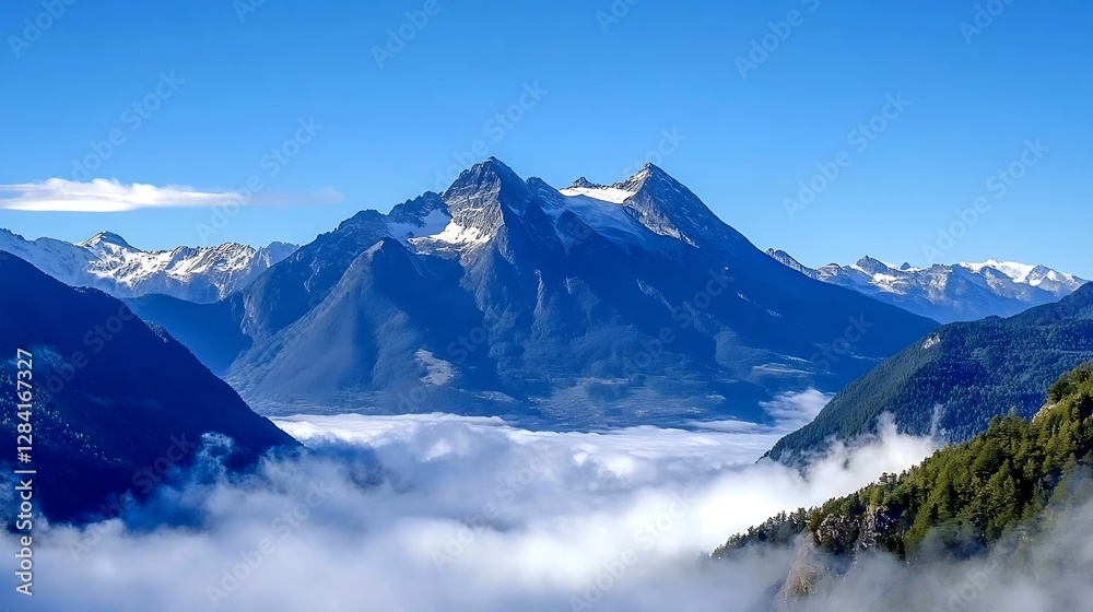 Majestic SnowCapped Peaks Rising Above Dense Clouds in a Picturesque Landscape : Generative AI Majestic SnowCapped Peaks Rising Above Dense Clouds in a Picturesque Landscape : Generative AI