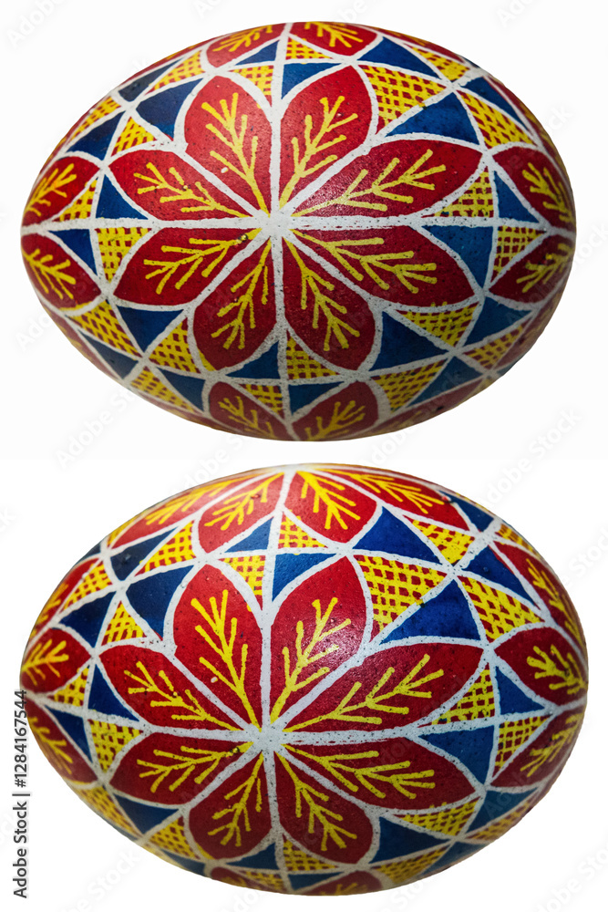Two large isolated on white background Easter eggs with ornamental pattern, view from two angles.