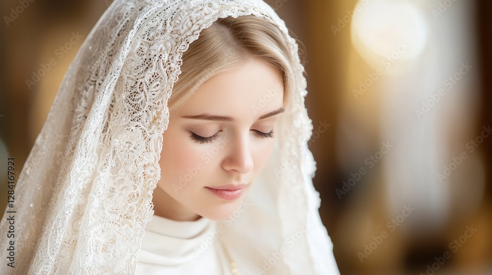 Obraz premium Woman praying, church interior, peaceful, faith, religious image