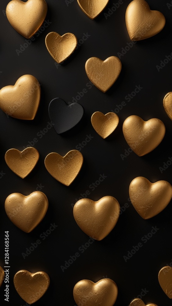 Obraz premium Luxurious minimalist design with golden hearts on black matte background