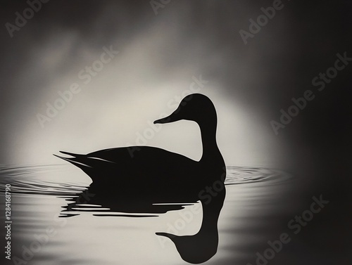 Minimalist Black and White Photograph of a Graceful Swimming Duck on a Tranquil Pond photo