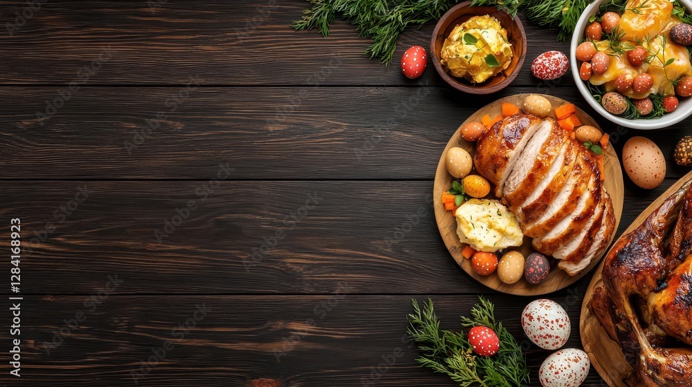 Traditional Easter feast in warm tones with a rich dark wood background, perfect for a promotional message Traditional Easter feast in warm tones with a rich dark wood background, perfect for a promotional message